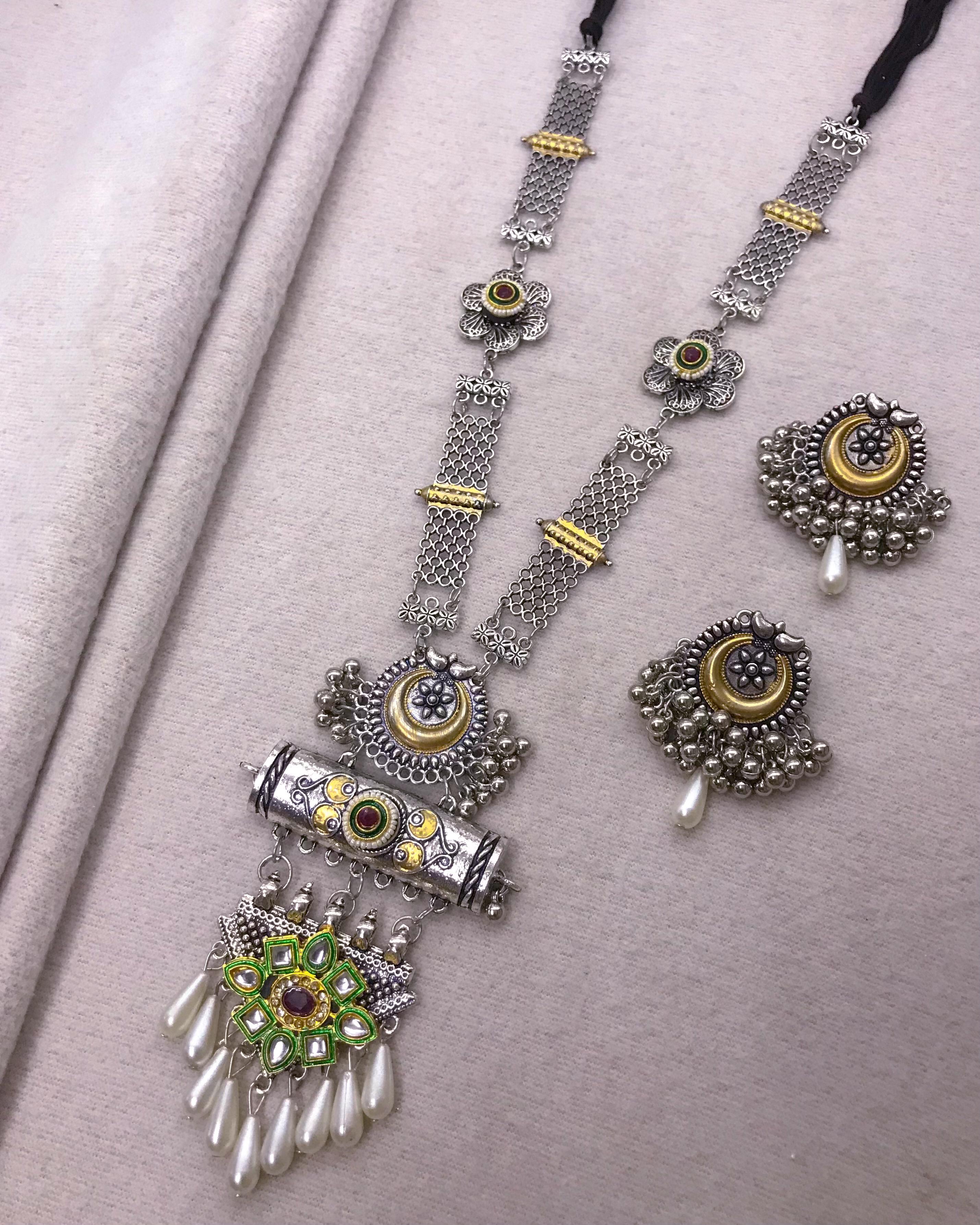 Long brass set with pachi kundan and earrings with perl